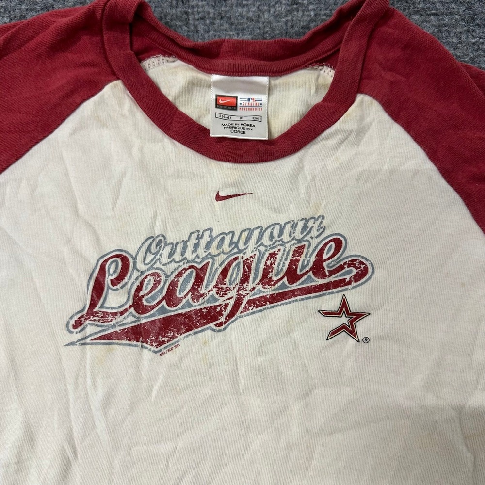 Nike Raglan Tee Womens Size S Cream Red Outta Your League Graphic Baseball Shirt